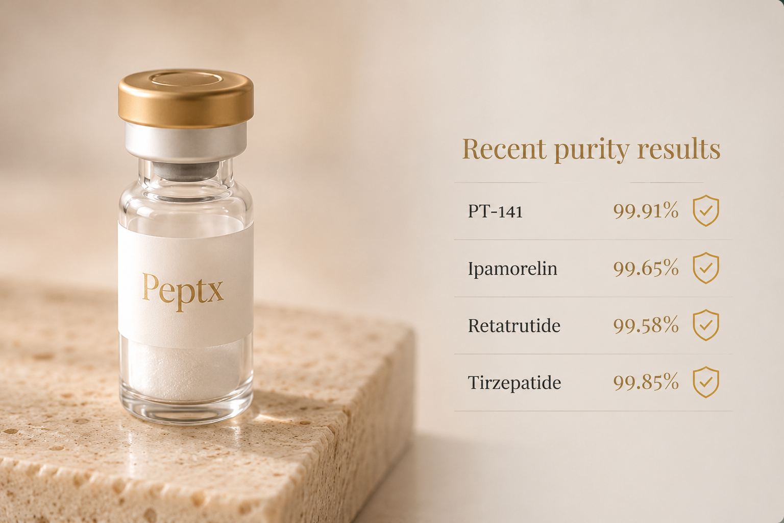 Peptx research vial on travertine with recent independent purity results