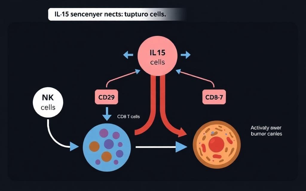 Diagram showing the IL-15 receptor signalling pathway via IL15Rα, JAK1, PI3K, and AKT leading to mTOR activation, the mechanism behind Anktiva's immune-boosting effects in cancer therapy
