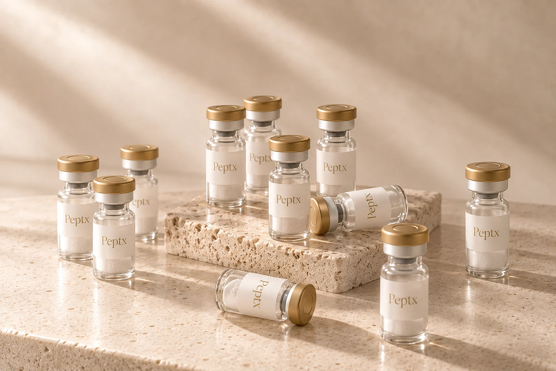 Peptx single research vials on travertine, UK Express stock