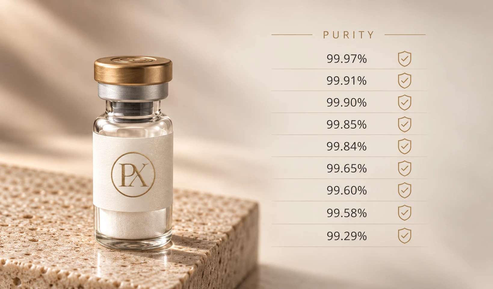 Peptx research vial on travertine beside our published independent purity results, 99.29% to 99.97%