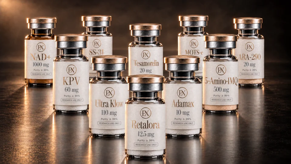 Peptx single vials from UK stock, lined up on a dark studio set